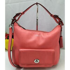 Coach Courtenay Coral Pink Leather Turnlock Pocket Tassel Hobo Shoulder Bag